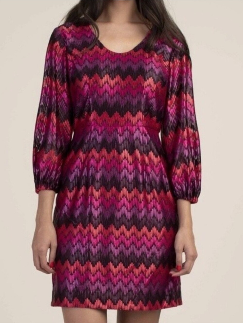 Trina Turk Nicole Shimmer Embroidered Chevron Blouson 3/4 Sleeve Sheath Dress 10